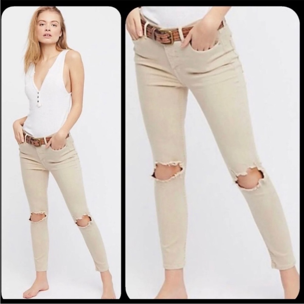 Free People busted knee high rise tan/khaki skinny jeans 27